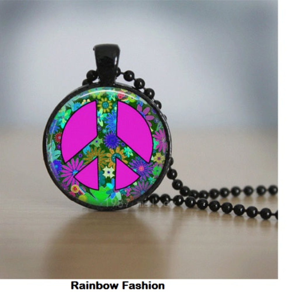 Peace mark Glass Dome Cabochon Black Ball Necklace